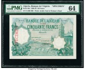 Algeria Banque de l'Algerie 50 Francs 1920-38 Pick 80s Specimen PMG Choice Uncirculated 64. A simply stunning design with beautiful engravings is seen...