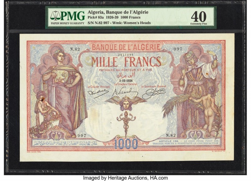 Algeria Banque de l'Algerie 1000 Francs 2.10.1926 Pick 83a PMG Extremely Fine 40...