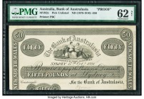 Australia Bank of Australasia 50 Pounds 17.10.1891 Pick UNL PMG Uncirculated 62 Net. A lovely vignette of seated women is featured on the front of thi...