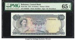 Bahamas Central Bank 10 Dollars 1974 Pick 38a PMG Gem Uncirculated 65 EPQ. This vibrant colored 10 dollars from the 1974 issue features the T.B. Donal...