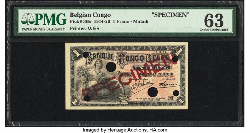 Belgian Congo Banque du Congo Belge 1 Franc 15.10.1914 Pick 3Bs Specimen PMG Cho...