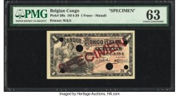 Belgian Congo Banque du Congo Belge 1 Franc 15.10.1914 Pick 3Bs Specimen PMG Choice Uncirculated 63. A lovely small change Specimen destined for Matad...