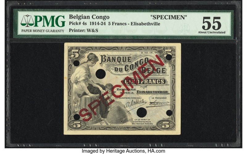Belgian Congo Banque du Congo Belge 5 Francs 9.10.1914 Pick 4s Specimen PMG Abou...