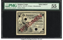 Belgian Congo Banque du Congo Belge 5 Francs 9.10.1914 Pick 4s Specimen PMG About Uncirculated 55. A charming near square shaped Specimen that reads E...