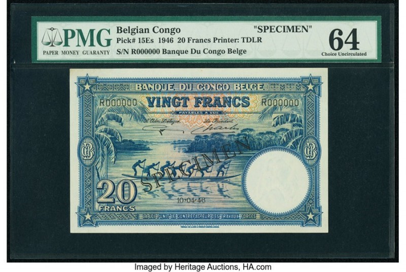 Belgian Congo Banque du Congo Belge 20 Francs 10.4.1946 Pick 15Es Specimen PMG C...