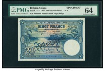 Belgian Congo Banque du Congo Belge 20 Francs 10.4.1946 Pick 15Es Specimen PMG Choice Uncirculated 64. Attractive vignettes greatly add to the appeal ...