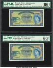 Bermuda Bermuda Government 1 Pound 1.10.1966 Pick 20d Two Consecutive Examples PMG Gem Uncirculated 66 EPQ (2). A lovely pair of prefix X/2 consecutiv...