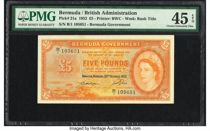 Bermuda Bermuda Government 5 Pounds 20.10.1952 Pick 21a PMG Choice Extremely Fin...