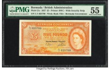 Bermuda Bermuda Government 5 Pounds 1.5.1957 Pick 21c PMG About Uncirculated 55. This L/1 prefix issue is enhanced by a portrait of Queen Elizabeth II...