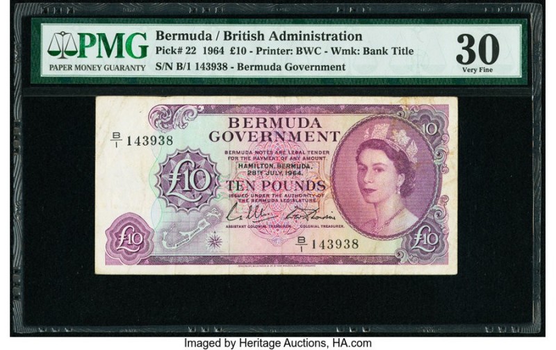 Bermuda Bermuda Government 10 Pounds 28.7.1964 Pick 22 PMG Very Fine 30. A pleas...
