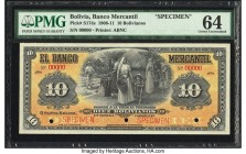 Bolivia Banco Mercantil 10 Bolivianos 1906-11 Pick S174s Specimen PMG Choice Uncirculated 64. A striking example enhanced by two evenly weighted manda...