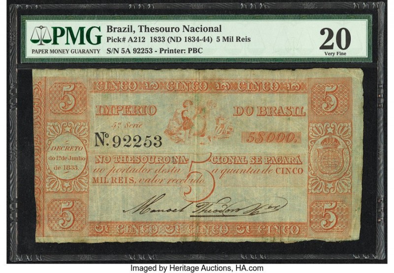 Brazil Thesouro Nacional 5 Mil Reis 1833 (ND 1834-44) Pick A212 PMG Very Fine 20...