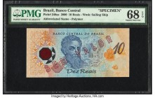 Brazil Banco Central Do Brasil 10 Reais 2000 Pick 248as Commemorative Specimen PMG Superb Gem Unc 68 EPQ. A contrasting orange and blue color scheme i...