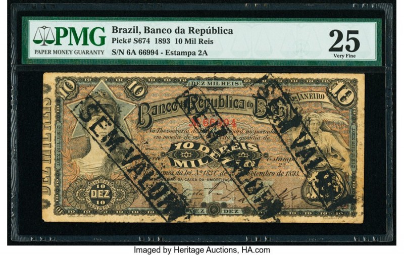 Brazil Banco da Republica 10 Mil Reis 23.9.1893 Pick S674 PMG Very Fine 25. A ra...