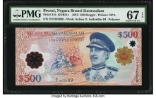 Brunei Negara Brunei Darussalam 500 Ringgit 2013 Pick 31b KNB31c PMG Superb Gem Unc 67 EPQ. A gorgeous polymer example from the 2013 issue. Highly col...