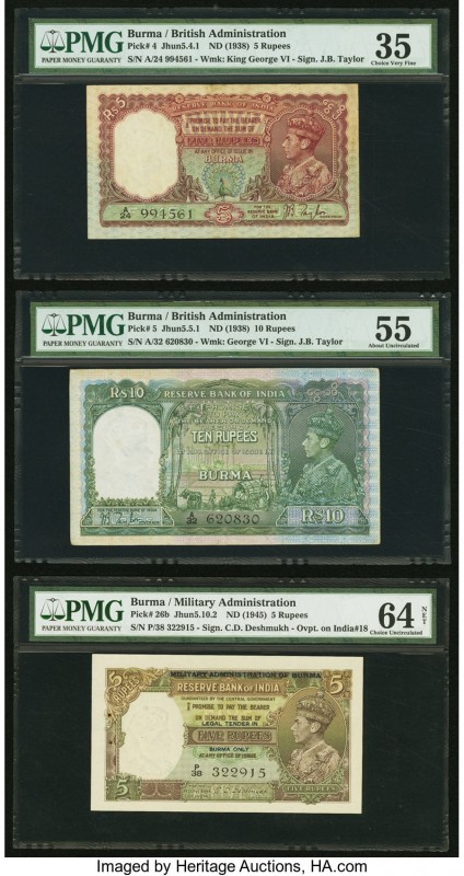Burma Reserve Bank of India 5; 10; 5 Rupees ND (1938; 1938; 1945) Pick 4; 5; 26b...