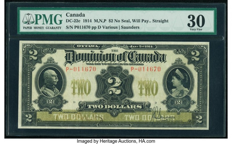 Canada Dominion of Canada $2 2.1.1914 Pick 30c DC-22c PMG Very Fine 30. A pleasa...