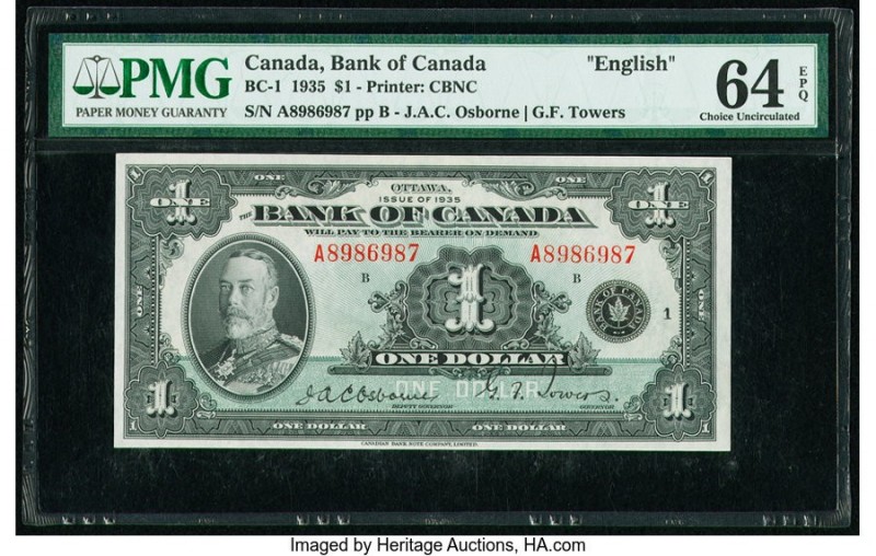 Canada Bank of Canada $1 1935 Pick 38 BC-1 PMG Choice Uncirculated 64 EPQ. A han...