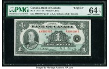 Canada Bank of Canada $1 1935 Pick 38 BC-1 PMG Choice Uncirculated 64 EPQ. A handsome and desirable type, especially in pack fresh, original condition...