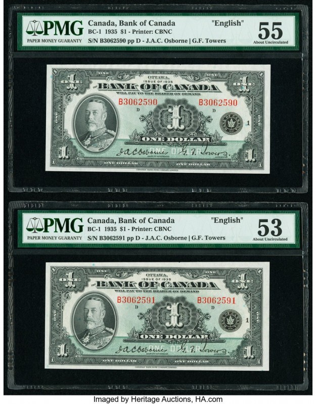 Canada Bank of Canada $1 1935 Pick 38 BC-1 Two Consecutive Examples PMG About Un...