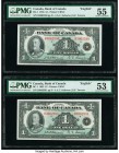 Canada Bank of Canada $1 1935 Pick 38 BC-1 Two Consecutive Examples PMG About Uncirculated 55; About Uncirculated 53. A visually pleasing pair of cons...