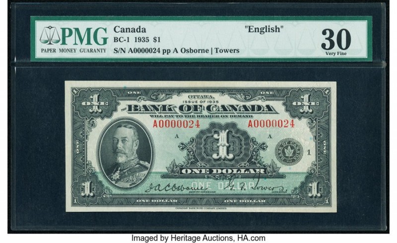 Low Serial Number 24 Canada Bank of Canada $1 1935 Pick 38 BC-1 PMG Very Fine 30...