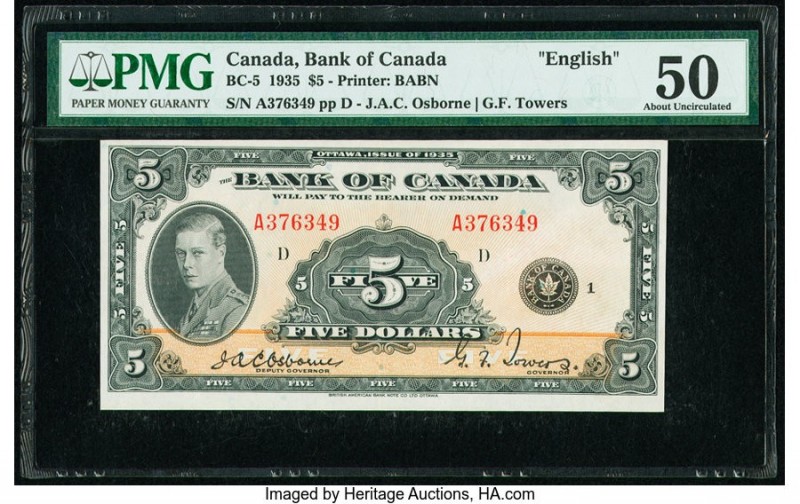 Canada Bank of Canada $5 1935 Pick 42 BC-5 PMG About Uncirculated 50. A handsome...