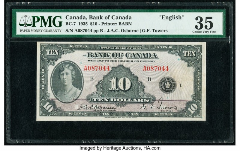 Canada Bank of Canada $10 1935 Pick 44 BC-7 English PMG Choice Very Fine 35. A w...