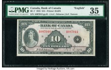 Canada Bank of Canada $10 1935 Pick 44 BC-7 English PMG Choice Very Fine 35. A well preserved example of this middle denomination from the Bank of Can...