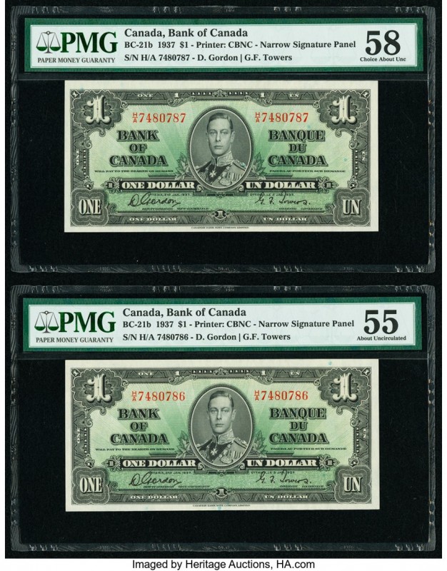 Canada Bank of Canada $1 2.1.1937 Pick 58b BC-21b Two Consecutive Examples PMG A...