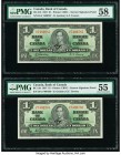 Canada Bank of Canada $1 2.1.1937 Pick 58b BC-21b Two Consecutive Examples PMG About Uncirculated 55; Choice About Unc 58. A desirable pair of consecu...