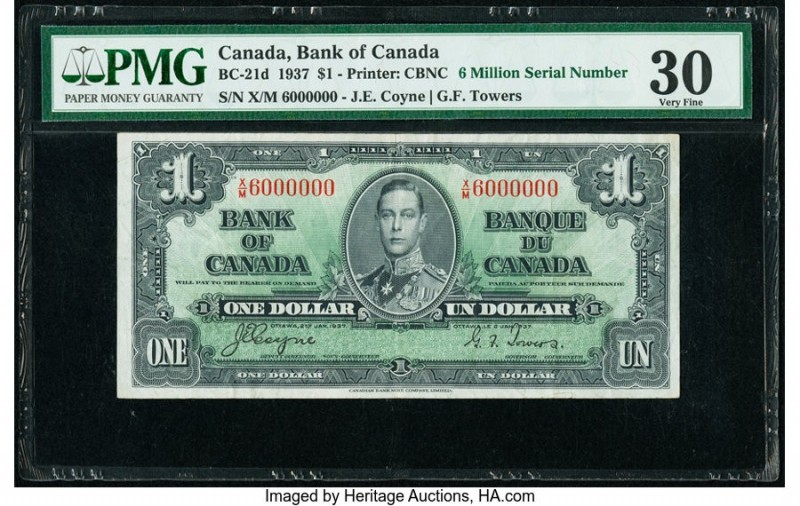 6 Million Serial Number Canada Bank of Canada $1 2.1.1937 Pick 58d BC-21d PMG Ve...