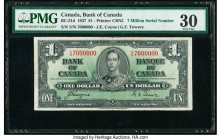 7 Million Serial Number Canada Bank of Canada $1 2.1.1937 Pick 58d BC-21d PMG Very Fine 30. A highly collectable fancy serial number 7,000,000 with pr...