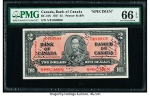 Canada Bank of Canada $2 2.1.1937 Pick 59s BC-22S Specimen PMG Gem Uncirculated 66 EPQ. An A/B prefix example of this $2 Specimen printed by the Briti...