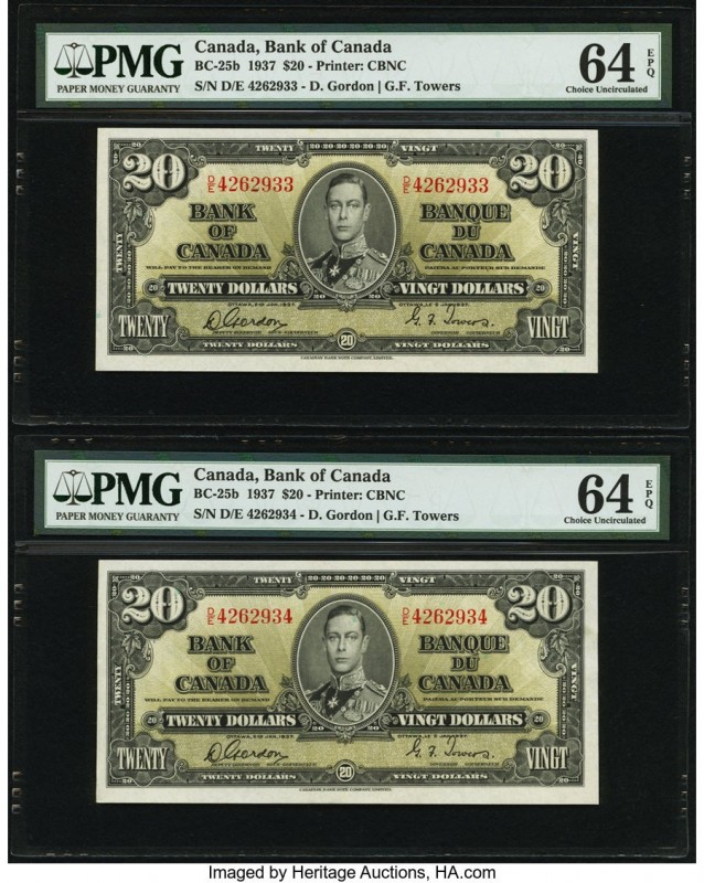 Canada Bank of Canada $20 2.1.1937 Pick 62b BC-25b Two Consecutive Examples PMG ...