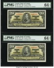 Canada Bank of Canada $20 2.1.1937 Pick 62b BC-25b Two Consecutive Examples PMG Choice Uncirculated 64 EPQ (2). A mid-denomination pair of consecutive...