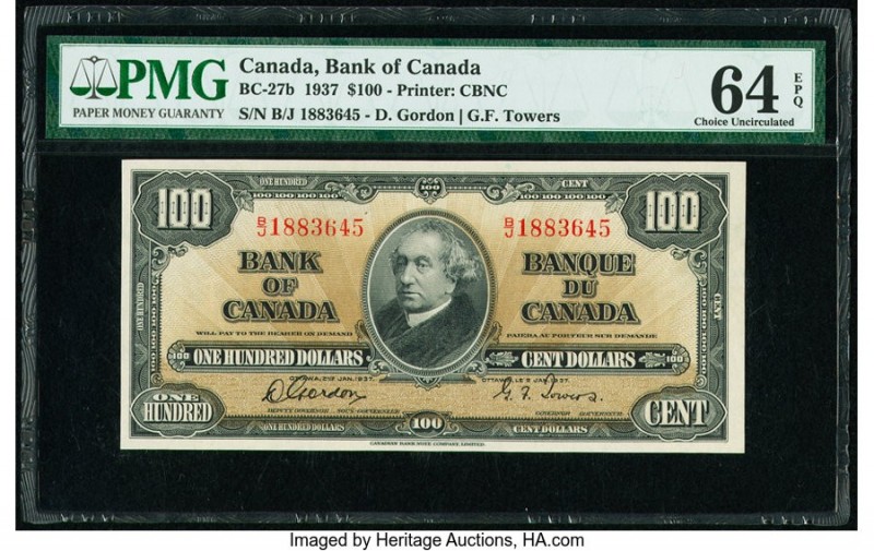 Canada Bank of Canada $100 2.1.1937 Pick 64b BC-27b PMG Choice Uncirculated 64 E...