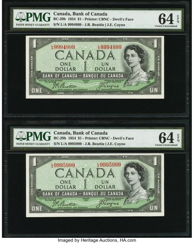 Near Solid / Radar Serial Number Pair Canada Bank of Canada $1 1954 Pick 66b BC-...