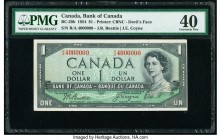 4 Million Serial Number Canada Bank of Canada $1 1954 Pick 66b BC-29b "Devil's Face" PMG Extremely Fine 40. A highly collectible fancy serial number 4...