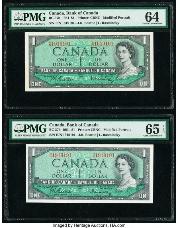 Radar Serial Number Pair Canada Bank of Canada $1 1954 Pick 74b BC-37b PMG Gem U...