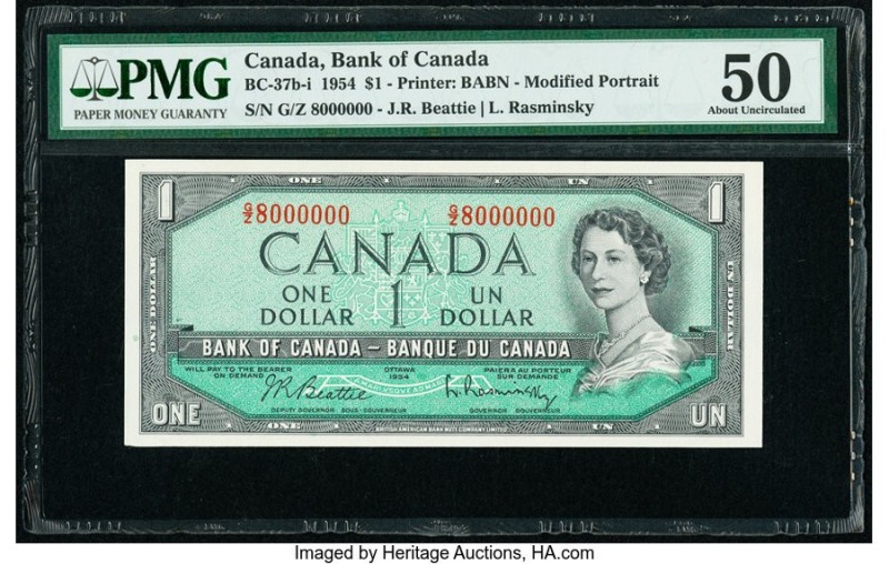 8 Million Serial Number Canada Bank of Canada $1 1954 Pick 75b BC-37b-i PMG Abou...