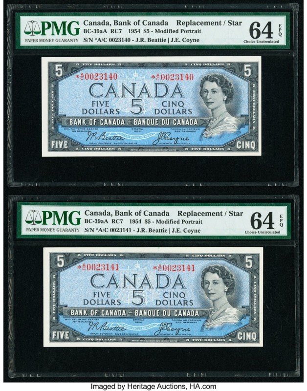 Canada Bank of Canada $5 1954 Pick 78 BC-39aA Two Consecutive Replacement Notes ...