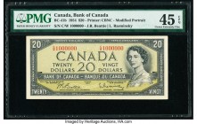 Canada Bank of Canada $20 1954 Pick 80b BC-41b Million note PMG Choice Extremely Fine 45 EPQ. Serial C/W 1000000 is seen on this Beattie/Rasminsky sig...