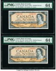 Canada Bank of Canada $50 1954 Pick 81a BC-42a Two Consecutive Examples PMG Choice Uncirculated 64 EPQ (2). The desirable A/H prefix is seen on this h...
