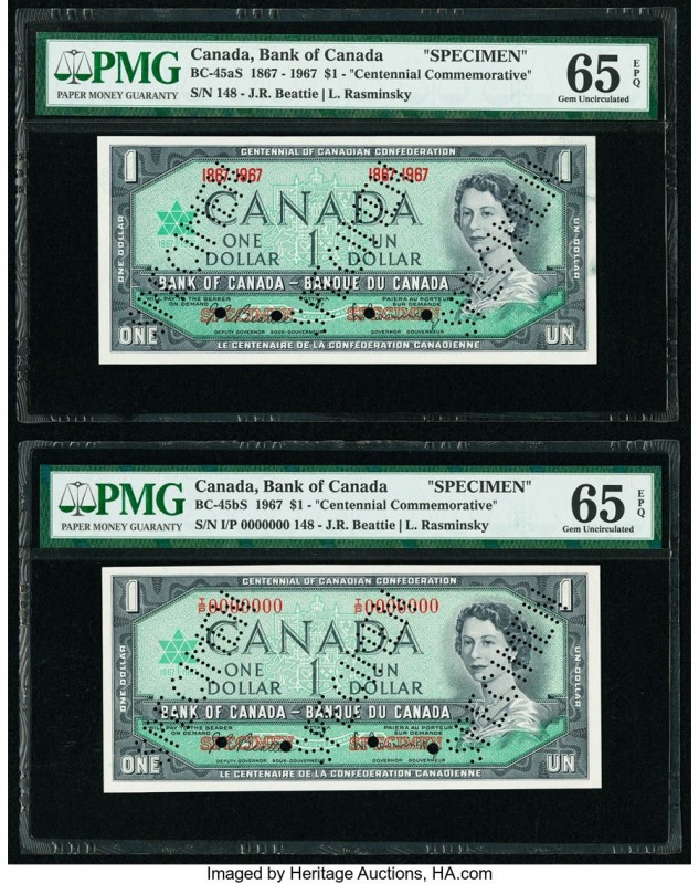 Canada Bank of Canada $1 1967 BC-45aS; BC-45bs Commemorative Specimen Pair PMG G...