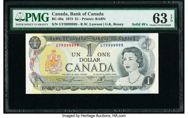 Solid Serial Number 9999999 Canada Bank of Canada $1 1973 Pick 85a1 BC-46a PMG C...