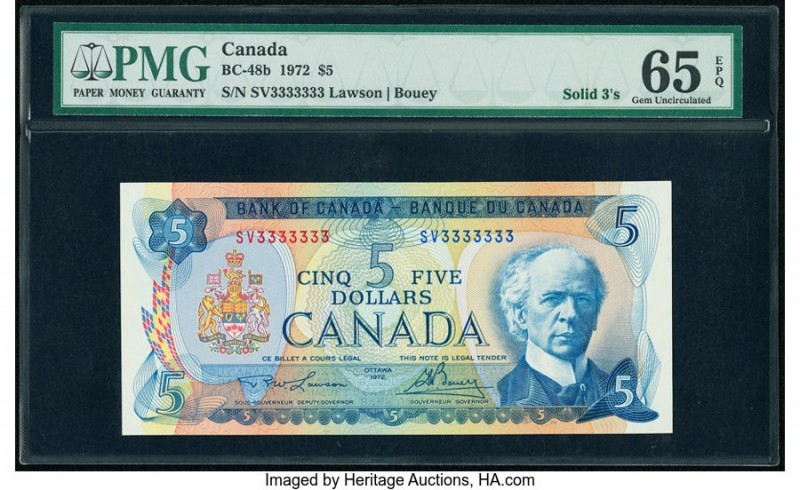 Solid Serial Number 3333333 Canada Bank of Canada $5 1972 Pick 87b BC-48b PMG Ge...