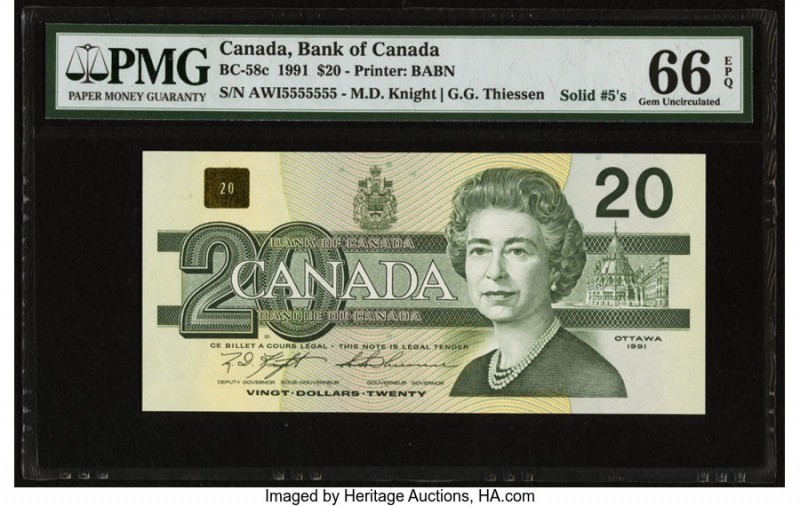 Solid Serial Number 5555555 Canada Bank of Canada $20 1991 Pick 97c BC-58c PMG G...