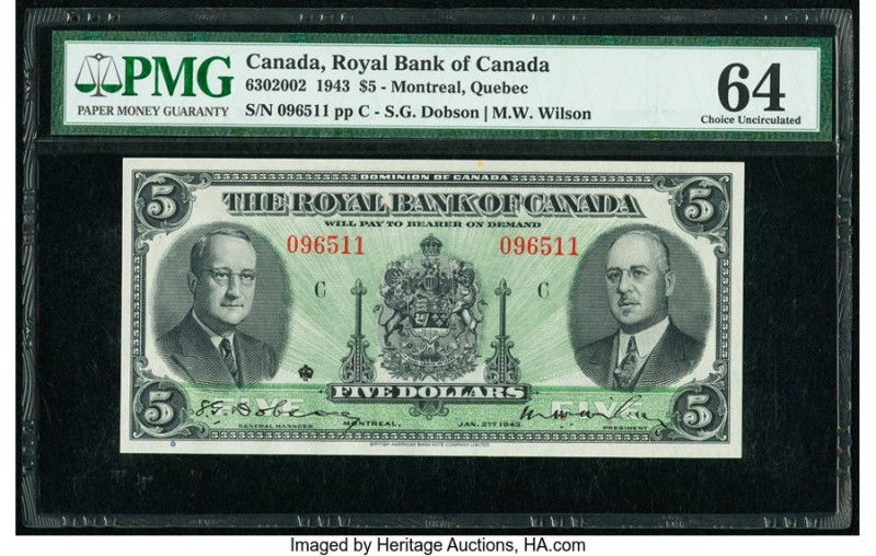 Canada Montreal, PQ- Royal Bank of Canada $5 2.1.1943 Ch.#630-20-02 PMG Choice U...