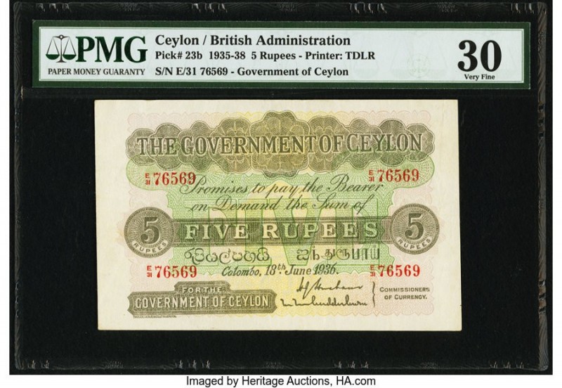 Ceylon Government of Ceylon 5 Rupees 18.6.1936 Pick 23b PMG Very Fine 30. An eye...